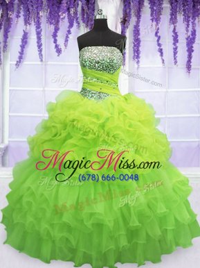 Sumptuous Pick Ups Ruffled Floor Length Yellow Green 15 Quinceanera Dress Strapless Sleeveless Lace Up