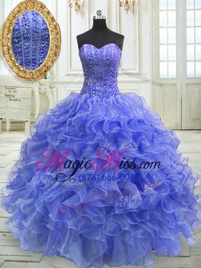 Attractive Blue Sleeveless Organza Lace Up Quinceanera Gown for Military Ball and Sweet 16 and Quinceanera
