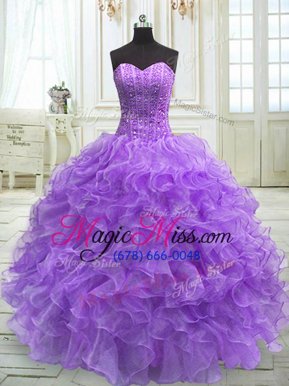 Lavender Sweetheart Lace Up Beading and Ruffles Ball Gown Prom Dress Sleeveless
