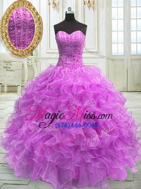 Elegant Floor Length Lace Up Sweet 16 Dresses Lilac and In for Military Ball and Sweet 16 and Quinceanera with Beading and Ruffles