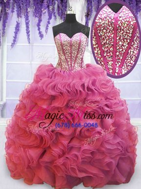Hot Sale Pink Ball Gowns Organza Sweetheart Sleeveless Beading and Ruffles Lace Up Quinceanera Dress Sweep Train