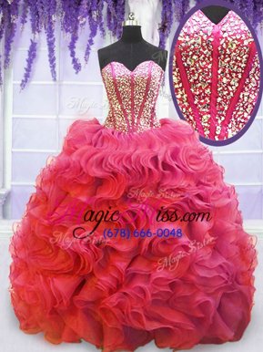 Dynamic Coral Red Sleeveless Beading and Ruffles Lace Up Ball Gown Prom Dress