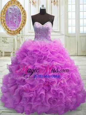 Top Selling Lilac Ball Gowns Beading and Ruffles Sweet 16 Quinceanera Dress Lace Up Organza Sleeveless