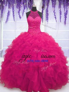 Chic Floor Length Ball Gowns Sleeveless Hot Pink Quinceanera Dress Lace Up
