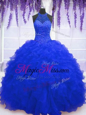 Low Price Royal Blue Sleeveless Floor Length Beading and Ruffles and Sequins Lace Up Quinceanera Dress