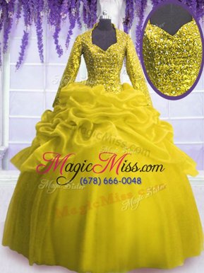 Suitable Sequins Pick Ups Floor Length Yellow Vestidos de Quinceanera V-neck Long Sleeves Zipper