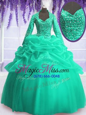Custom Design Organza Long Sleeves Floor Length Quinceanera Gown and Sequins and Pick Ups
