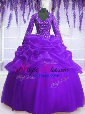 Dazzling Sequins Pick Ups Floor Length Purple Vestidos de Quinceanera V-neck Long Sleeves Zipper