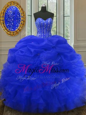 Excellent Royal Blue Organza Lace Up Sweet 16 Dress Sleeveless Floor Length Beading and Ruffles and Pick Ups