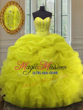 Best Selling Pick Ups Sweetheart Sleeveless Lace Up Quince Ball Gowns Yellow Organza
