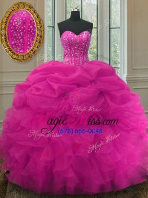 Attractive Fuchsia Organza Lace Up Sweet 16 Quinceanera Dress Sleeveless Floor Length Beading and Ruffles and Pick Ups