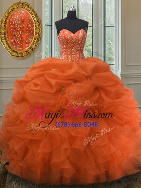 Custom Designed Organza Sweetheart Sleeveless Lace Up Beading and Ruffles and Pick Ups Vestidos de Quinceanera in Orange Red