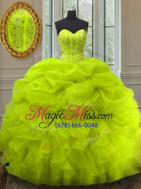 Hot Sale Yellow Green Sleeveless Floor Length Beading and Ruffles and Pick Ups Lace Up Quinceanera Gowns