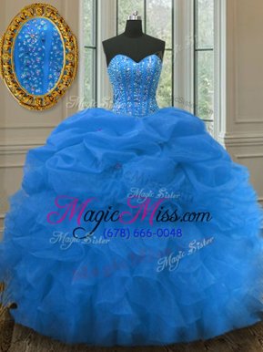 Fabulous Pick Ups Blue Sleeveless Organza Lace Up Quinceanera Gowns for Military Ball and Sweet 16 and Quinceanera
