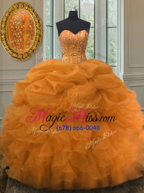 Custom Made Floor Length Lace Up Quinceanera Gowns Orange and In for Military Ball and Sweet 16 and Quinceanera with Beading and Ruffles and Pick Ups