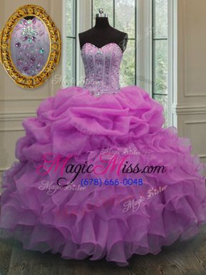 Perfect Lilac Lace Up Sweetheart Beading and Ruffles and Pick Ups Sweet 16 Quinceanera Dress Organza Sleeveless