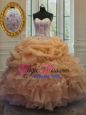 Fantastic Gold Sleeveless Floor Length Beading and Pick Ups Lace Up Vestidos de Quinceanera