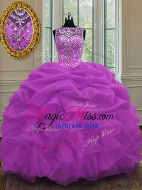 Flare Lilac Organza Lace Up Scoop Sleeveless Floor Length Quinceanera Gowns Beading and Pick Ups