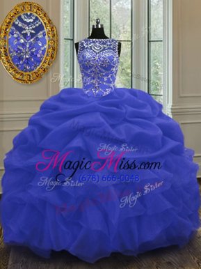 Noble Blue Ball Gowns Scoop Sleeveless Organza Floor Length Lace Up Beading and Pick Ups Quinceanera Gown