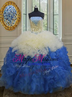Suitable Blue And White Ball Gowns Beading and Ruffles Sweet 16 Quinceanera Dress Lace Up Organza Sleeveless Floor Length