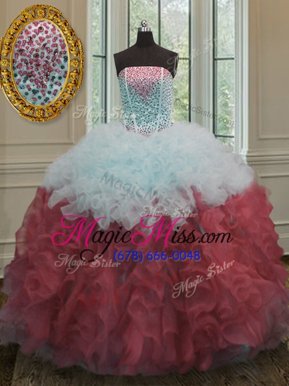 Lovely Strapless Sleeveless Organza Quinceanera Dresses Beading and Ruffles Lace Up