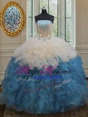 Popular Blue And White Side Zipper Strapless Beading and Ruffles Sweet 16 Quinceanera Dress Organza Sleeveless