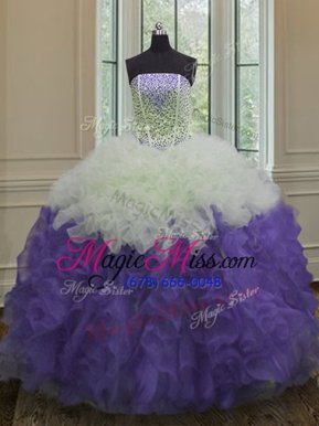 Custom Designed Strapless Sleeveless Organza Quinceanera Dresses Beading and Ruffles Lace Up