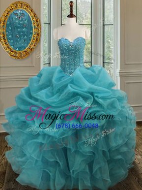 Fabulous Floor Length Lace Up Quinceanera Dresses Aqua Blue and In for Military Ball and Sweet 16 and Quinceanera with Beading and Ruffles