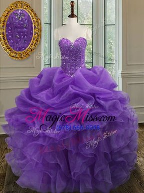 Flirting Lavender Ball Gowns Organza Sweetheart Sleeveless Beading and Ruffles Floor Length Lace Up Quinceanera Gowns