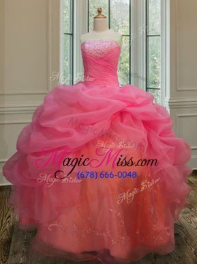 Adorable Sleeveless Organza Floor Length Lace Up Quinceanera Gowns in Pink for with Embroidery and Pick Ups