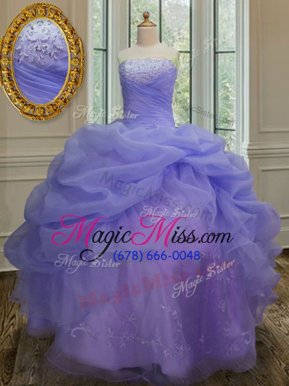 Low Price Lavender Ball Gowns Organza Strapless Sleeveless Embroidery and Pick Ups Floor Length Lace Up 15 Quinceanera Dress
