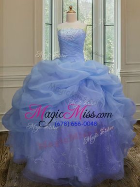 Elegant Blue Organza Lace Up Strapless Sleeveless Floor Length Quinceanera Dress Embroidery and Pick Ups