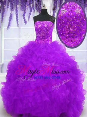 Hot Selling Eggplant Purple Organza Lace Up Ball Gown Prom Dress Sleeveless With Brush Train Beading and Appliques and Ruffles