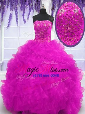 Charming Organza Sleeveless With Train Sweet 16 Dress Brush Train and Beading and Appliques and Ruffles