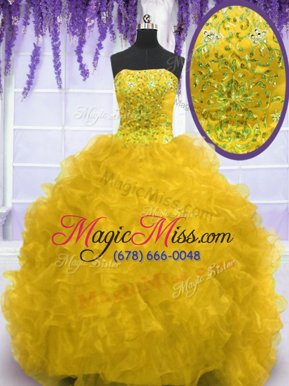 Exquisite Gold Sleeveless Organza Brush Train Lace Up Quinceanera Gown for Military Ball and Sweet 16 and Quinceanera