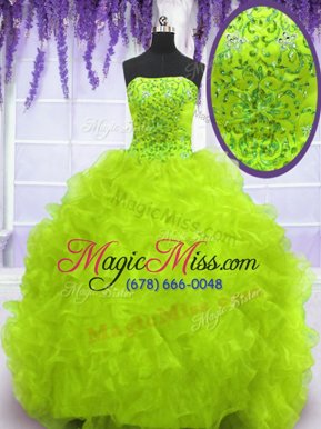 Chic With Train Yellow Green Sweet 16 Quinceanera Dress Organza Brush Train Sleeveless Beading and Appliques and Ruffles