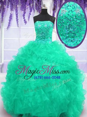 Beauteous Turquoise Strapless Neckline Beading and Appliques and Ruffles Sweet 16 Dress Sleeveless Lace Up
