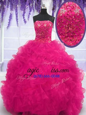 New Style Strapless Sleeveless Sweet 16 Dress With Brush Train Beading and Ruffles Fuchsia Organza