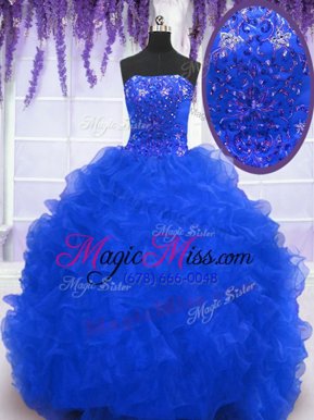 Spectacular Organza Sleeveless With Train Sweet 16 Dress Brush Train and Beading and Ruffles