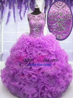 Flare Lilac Ball Gowns Organza Scoop Sleeveless Beading and Ruffles Floor Length Lace Up Quinceanera Gown