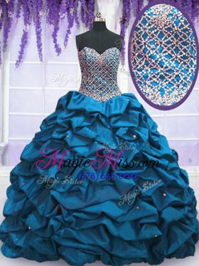 Affordable Sequins Pick Ups Floor Length Blue Ball Gown Prom Dress Sweetheart Sleeveless Lace Up