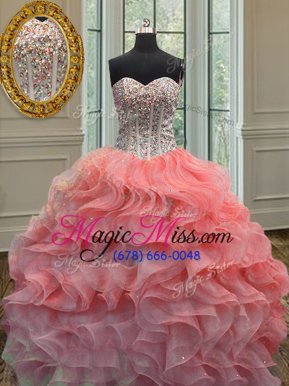 Elegant Beading and Ruffles Quinceanera Gown Watermelon Red and Peach Lace Up Sleeveless Floor Length