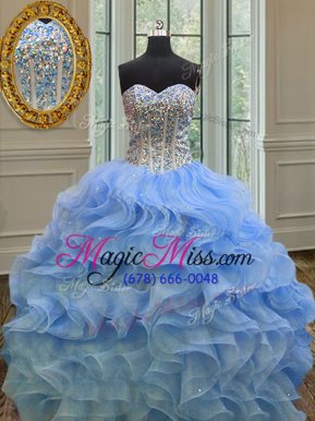 Admirable Blue Sweetheart Lace Up Beading and Ruffles Quinceanera Dress Sleeveless