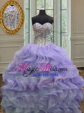 Decent Lavender Organza Lace Up Sweet 16 Dress Sleeveless Floor Length Beading and Ruffles