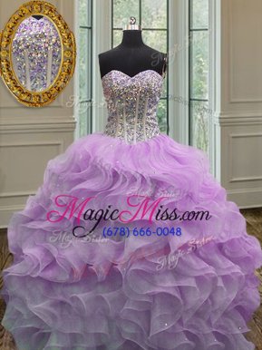Fashion Floor Length Lilac 15th Birthday Dress Organza Sleeveless Beading and Ruffles