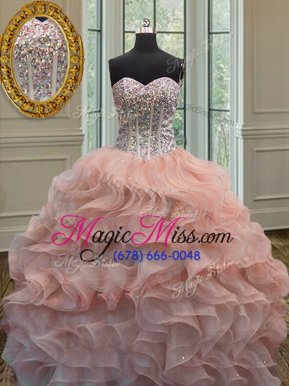 Fashionable Ball Gowns Quince Ball Gowns Peach Sweetheart Organza Sleeveless Floor Length Lace Up