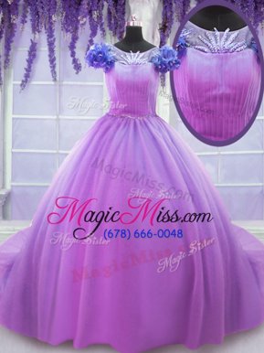 Fashion Lilac Lace Up Scoop Hand Made Flower Ball Gown Prom Dress Tulle Short Sleeves