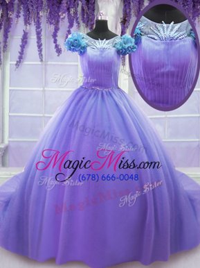 Latest Court Train Ball Gowns 15th Birthday Dress Lavender Scoop Tulle Short Sleeves Lace Up