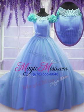 Glamorous Scoop Purple Tulle Lace Up 15th Birthday Dress Short Sleeves Court Train Hand Made Flower