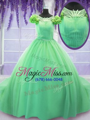 Edgy Scoop Short Sleeves Sweet 16 Dresses Court Train Hand Made Flower Green Tulle